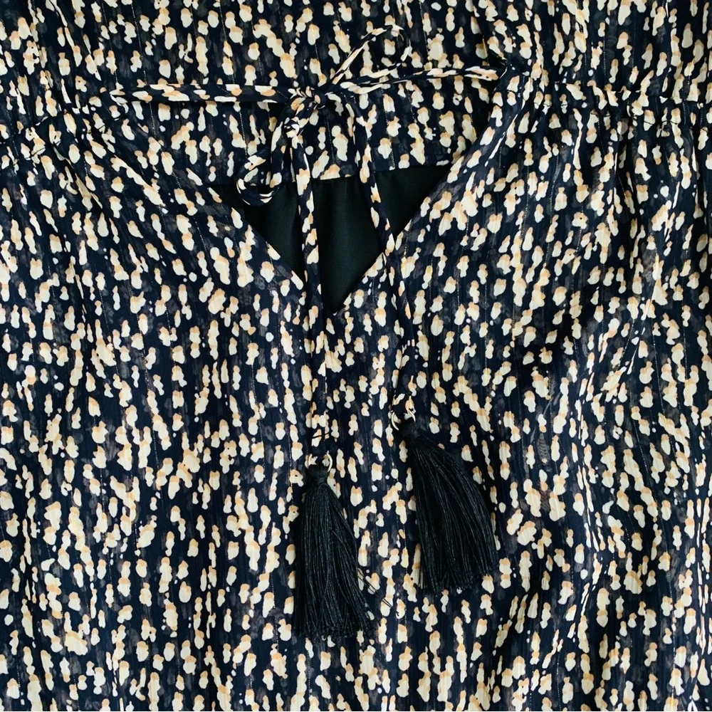 Soft Surroundings Hazel Dress Dotted Print V-neck Front Tassel Sz. Medium Petite